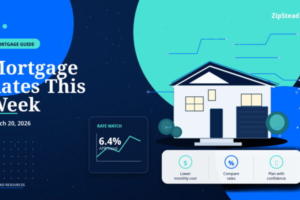 ZipStead.com featured image for Mortgage Rates This Week: March 20, 2026, showing a branded mortgage guide real estate illustration with a modern home and visual data elements.