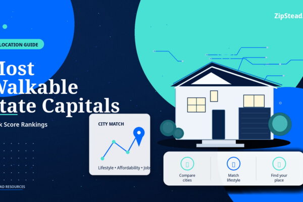 ZipStead.com featured image for Most Walkable State Capitals: Walk Score Rankings, showing a branded relocation guide real estate illustration with a modern home and visual data elements.
