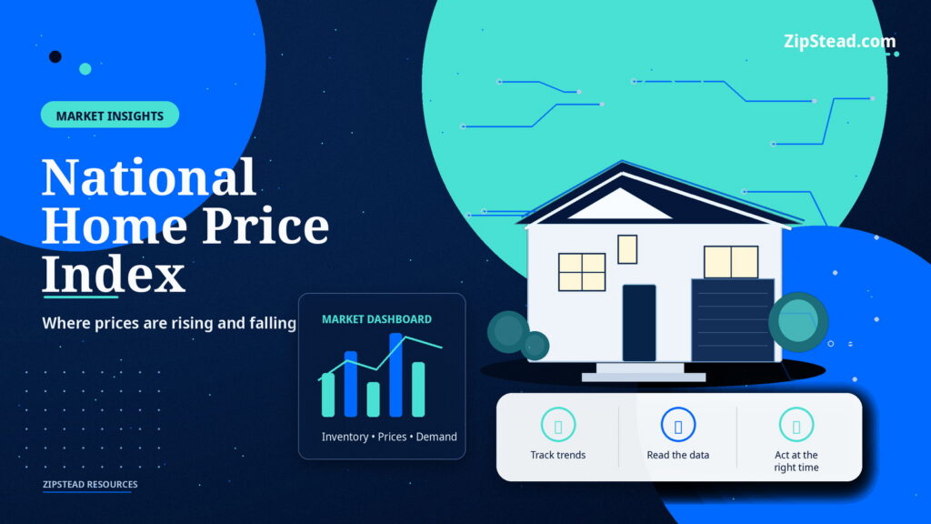 ZipStead.com featured image for National Home Price Index: Where Prices Are Rising (and Falling), showing a branded market insights real estate illustration with a modern home and visual data elements.