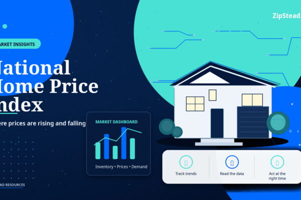 ZipStead.com featured image for National Home Price Index: Where Prices Are Rising (and Falling), showing a branded market insights real estate illustration with a modern home and visual data elements.