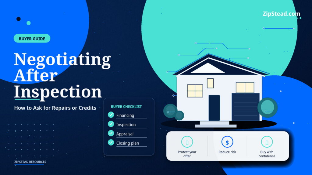 ZipStead.com featured image for Negotiating After Inspection: How to Ask for Repairs or Credits, showing a branded buyer guide real estate illustration with a modern home and visual data elements.