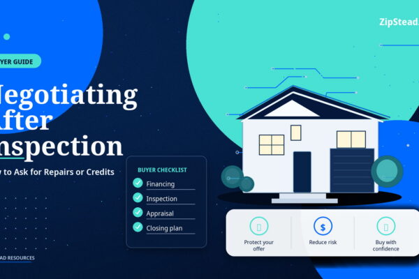 ZipStead.com featured image for Negotiating After Inspection: How to Ask for Repairs or Credits, showing a branded buyer guide real estate illustration with a modern home and visual data elements.