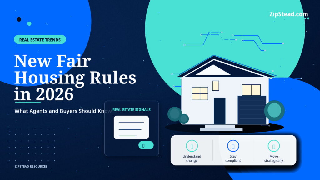 ZipStead.com featured image for New Fair Housing Rules in 2026: What Agents and Buyers Should Know, showing a branded real estate trends real estate illustration with a modern home and visual data elements.