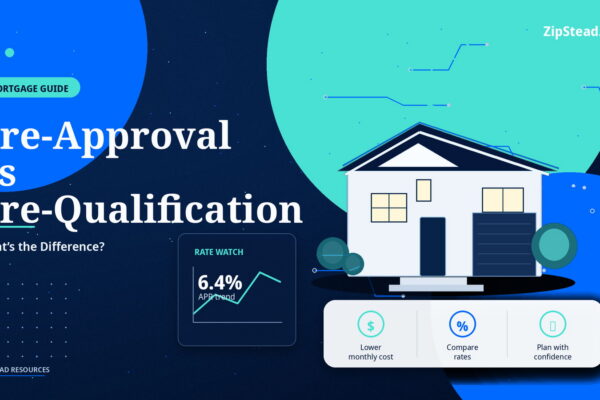 ZipStead.com featured image for Pre-Approval vs Pre-Qualification: What’s the Difference?, showing a branded mortgage guide real estate illustration with a modern home and visual data elements.