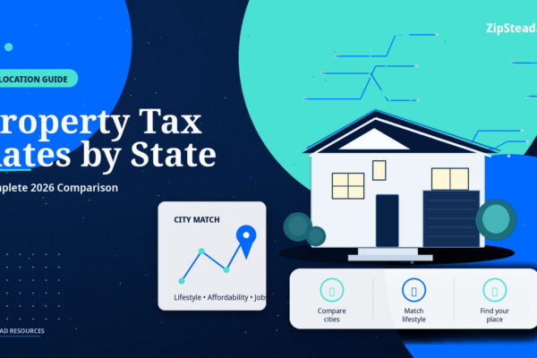 ZipStead.com featured image for Property Tax Rates by State: Complete 2026 Comparison, showing a branded relocation guide real estate illustration with a modern home and visual data elements.