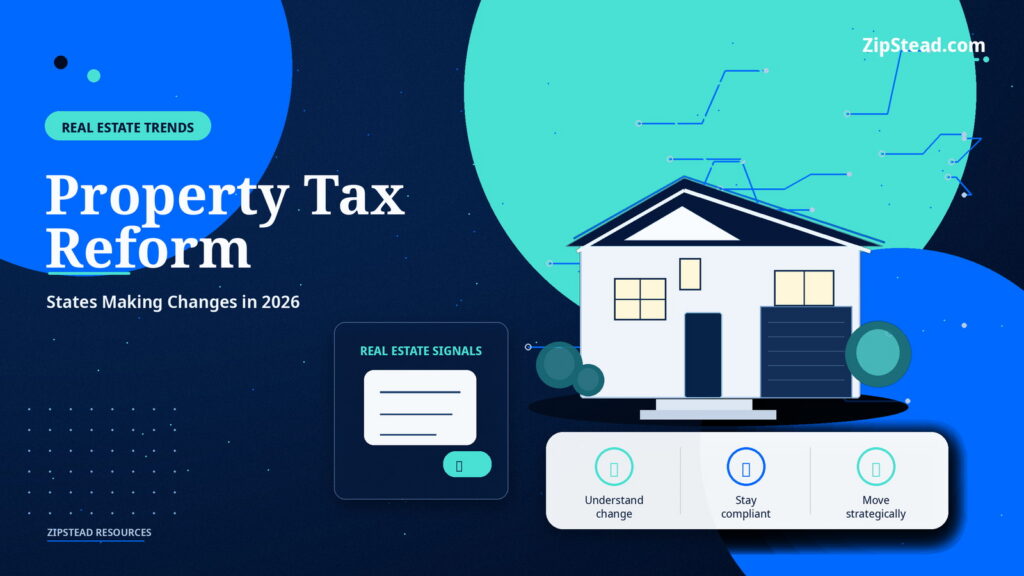 ZipStead.com featured image for Property Tax Reform: States Making Changes in 2026, showing a branded real estate trends real estate illustration with a modern home and visual data elements.