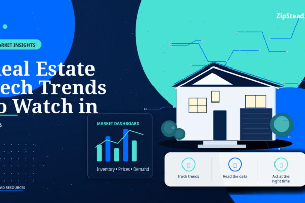 ZipStead.com featured image for Real Estate Tech Trends to Watch in 2026, showing a branded market insights real estate illustration with a modern home and visual data elements.