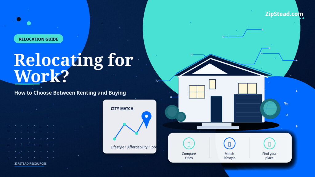 ZipStead.com featured image for Relocating for Work? How to Choose Between Renting and Buying, showing a branded relocation guide real estate illustration with a modern home and visual data elements.