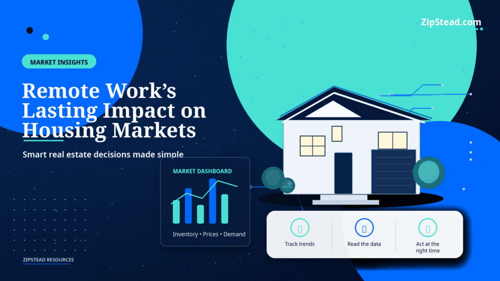 ZipStead.com featured image for Remote Work’s Lasting Impact on Housing Markets, showing a branded market insights real estate illustration with a modern home and visual data elements.