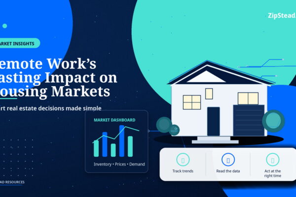 ZipStead.com featured image for Remote Work’s Lasting Impact on Housing Markets, showing a branded market insights real estate illustration with a modern home and visual data elements.