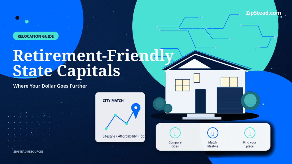 ZipStead.com featured image for Retirement-Friendly State Capitals: Where Your Dollar Goes Further, showing a branded relocation guide real estate illustration with a modern home and visual data elements.