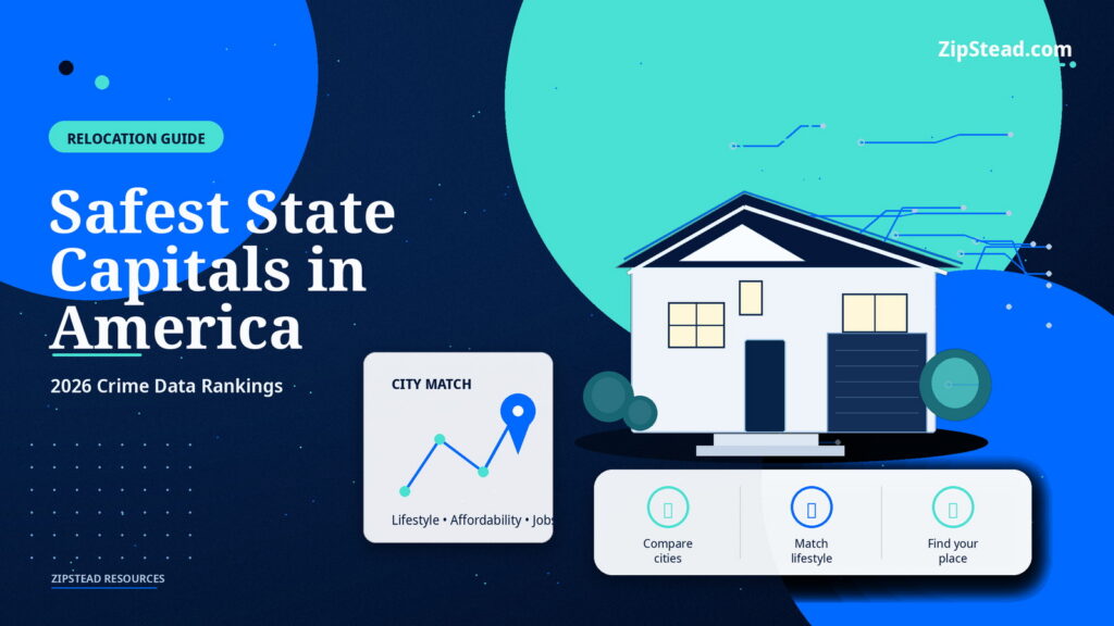 ZipStead.com featured image for Safest State Capitals in America: 2026 Crime Data Rankings, showing a branded relocation guide real estate illustration with a modern home and visual data elements.