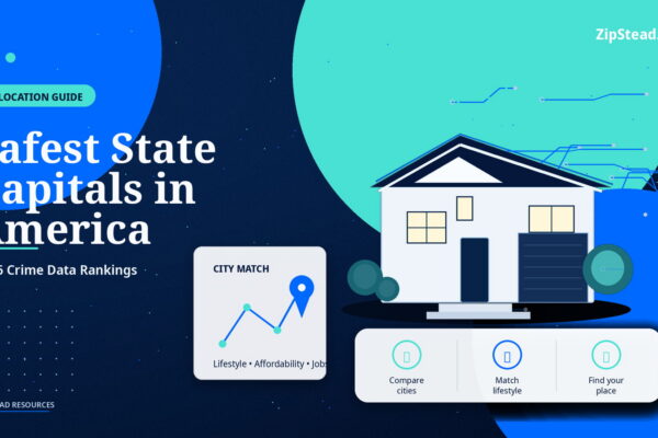 ZipStead.com featured image for Safest State Capitals in America: 2026 Crime Data Rankings, showing a branded relocation guide real estate illustration with a modern home and visual data elements.