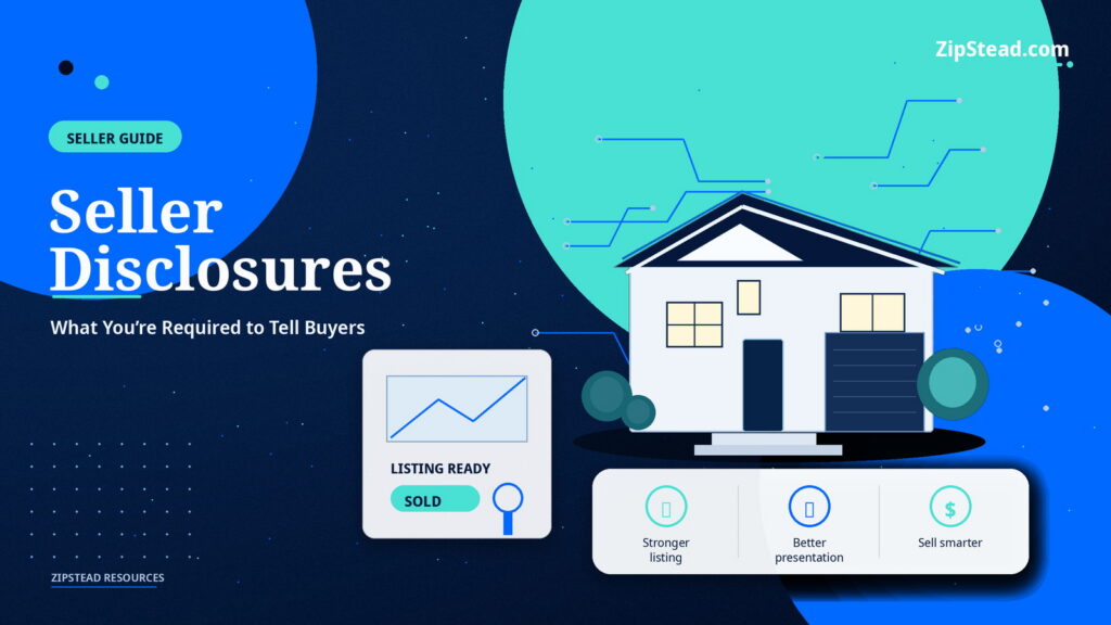 ZipStead.com featured image for Seller Disclosures: What You’re Required to Tell Buyers, showing a branded seller guide real estate illustration with a modern home and visual data elements.