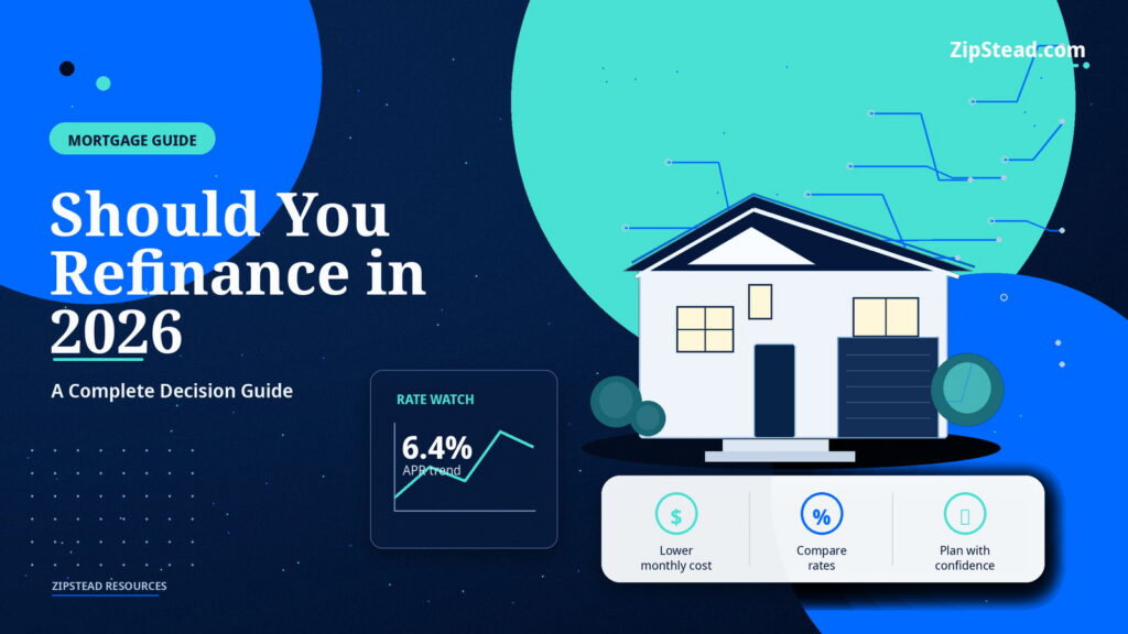 ZipStead.com featured image for Should You Refinance in 2026? A Complete Decision Guide, showing a branded mortgage guide real estate illustration with a modern home and visual data elements.
