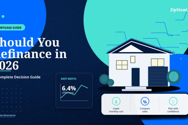 ZipStead.com featured image for Should You Refinance in 2026? A Complete Decision Guide, showing a branded mortgage guide real estate illustration with a modern home and visual data elements.