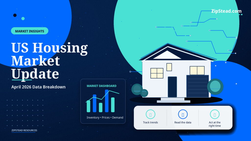 ZipStead.com featured image for US Housing Market Update: April 2026 Data Breakdown, showing a branded market insights real estate illustration with a modern home and visual data elements.