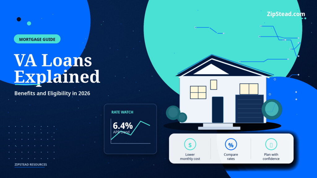 ZipStead.com featured image for VA Loans Explained: Benefits and Eligibility in 2026, showing a branded mortgage guide real estate illustration with a modern home and visual data elements.