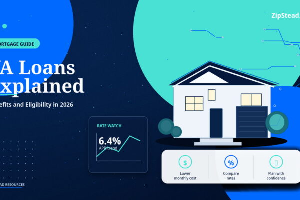 ZipStead.com featured image for VA Loans Explained: Benefits and Eligibility in 2026, showing a branded mortgage guide real estate illustration with a modern home and visual data elements.