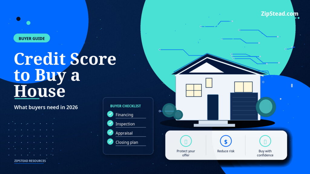 ZipStead.com featured image for What Credit Score Do You Need to Buy a House in 2026?, showing a branded buyer guide real estate illustration with a modern home and visual data elements.