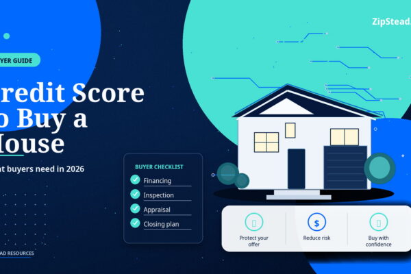 ZipStead.com featured image for What Credit Score Do You Need to Buy a House in 2026?, showing a branded buyer guide real estate illustration with a modern home and visual data elements.