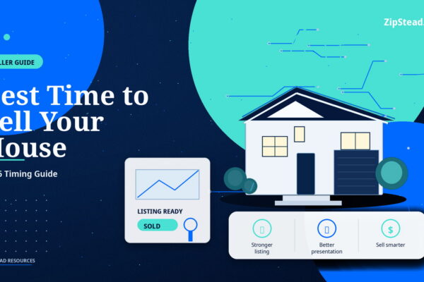 ZipStead.com featured image for When Is the Best Time to Sell Your House in 2026?, showing a branded seller guide real estate illustration with a modern home and market timing visuals.