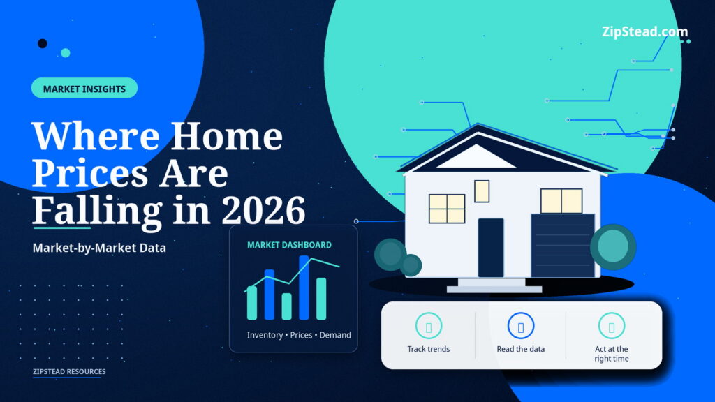 ZipStead.com featured image for Where Home Prices Are Falling in 2026: Market-by-Market Data, showing a branded market insights real estate illustration with a modern home and visual data elements.