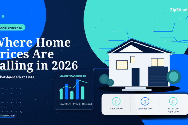 ZipStead.com featured image for Where Home Prices Are Falling in 2026: Market-by-Market Data, showing a branded market insights real estate illustration with a modern home and visual data elements.